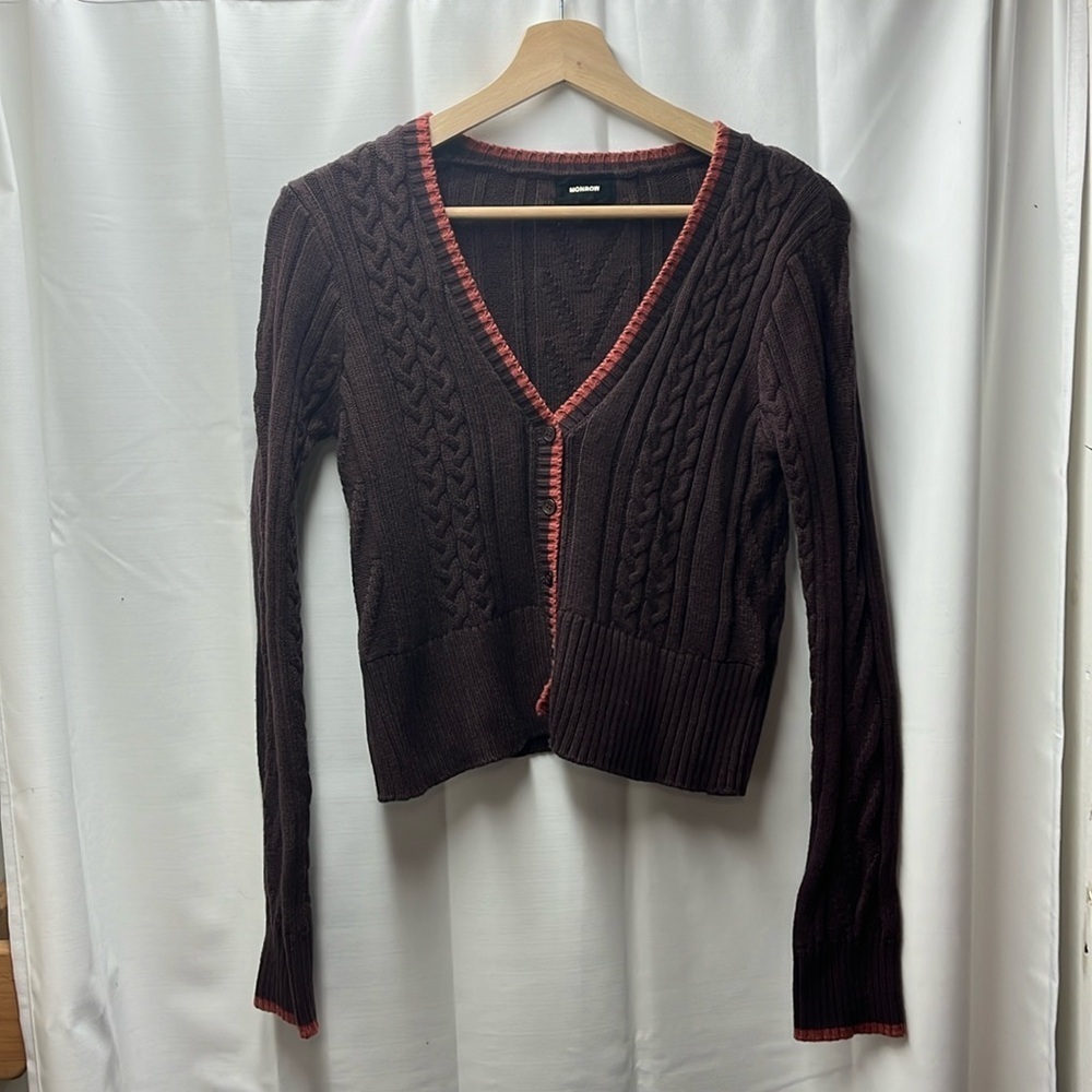 Monrow Brown Orange Double Layer Wool-Blend Sweater Cardigan- S